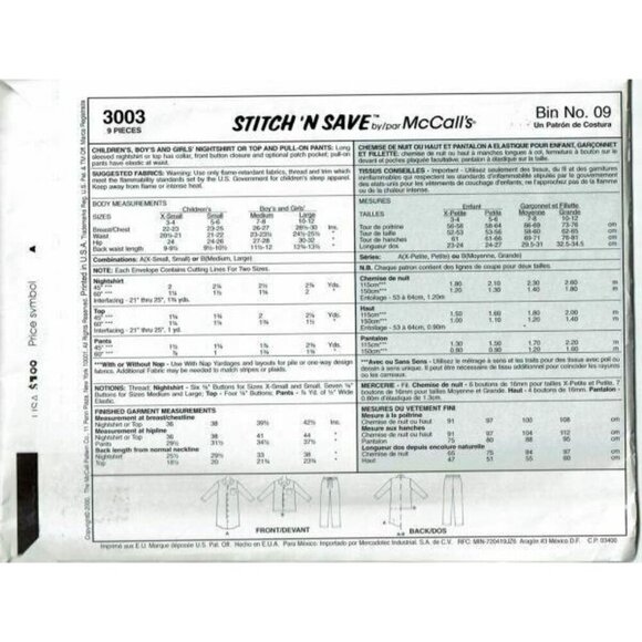 McCalls Stitch N Save 3003 Pajama Sewing Pattern Child Unisex Size M-L - Picture 2 of 2